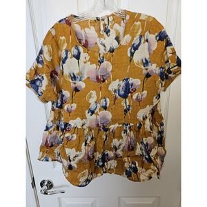 Romwe Flower Print Keyhole Back Dip Short Sleeve Ruffle Peplum Smock Top, XL